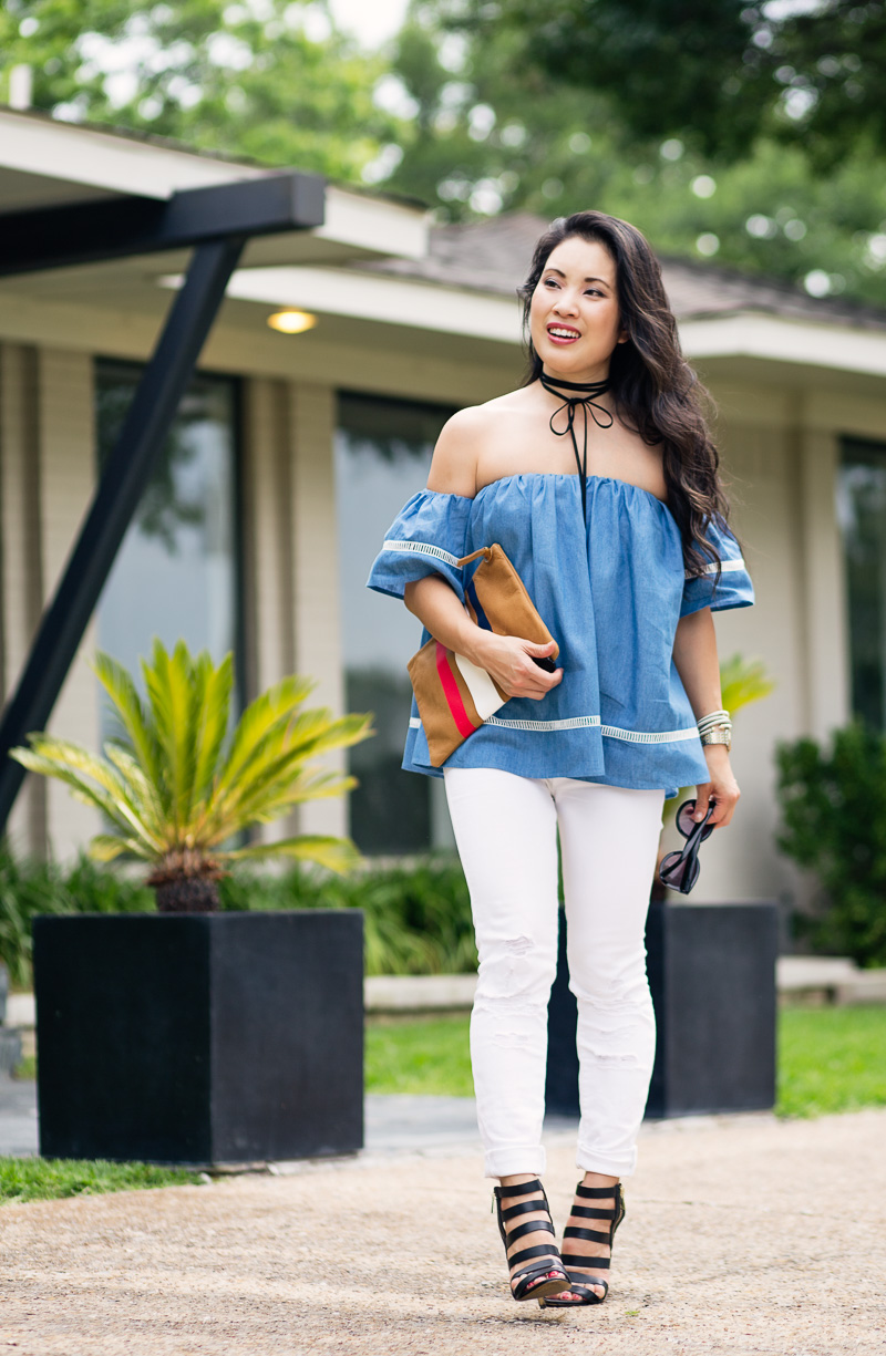 chambray lattice off shoulder blouse, white jeans, caged sandals, choker necklace, striped clare v clutch | july 4 summer outfit
