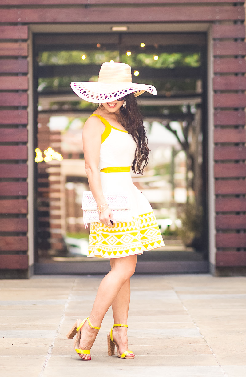 j&j petite clothing boutique review, floppy sun hat, strappy heels, white clutch | summer outfit