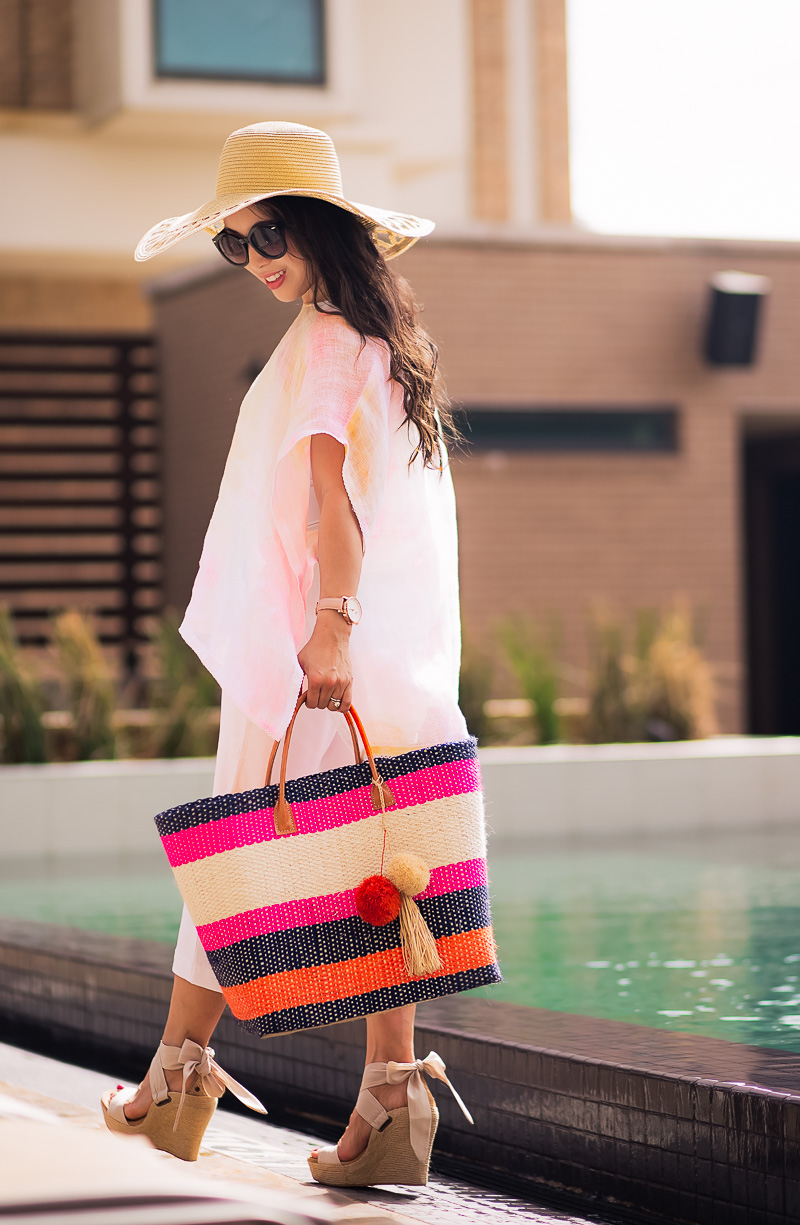 j.jill light flowy tunic pool beach coverup, straw hat, striped straw tote | summer outfit