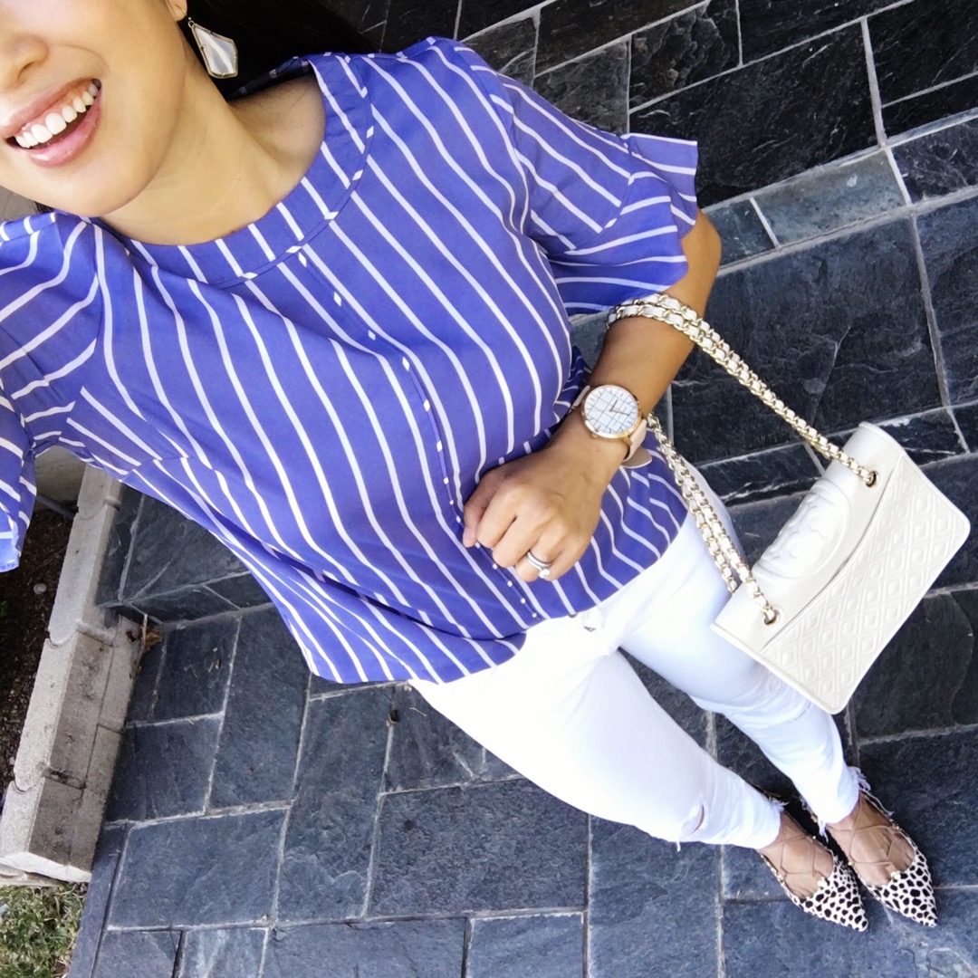 petite fashion blog | banana republic blue stripe ruffle sleeve top, white jeans, printed lace-up flats, tory burch quilted chain bag | summer outfit
