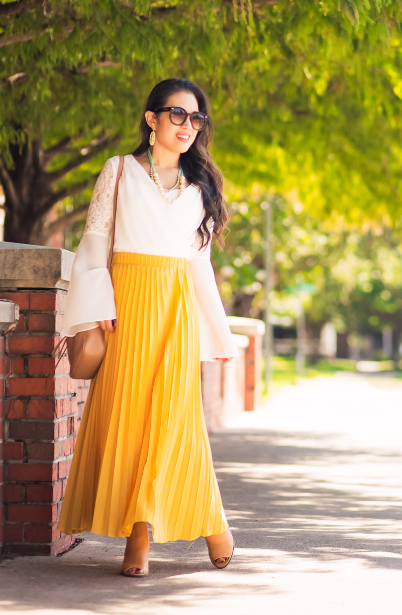 cute & little | petite fashion blog | white bell sleeve blouse, yellow pleated maxi skirt, gucci soho disco bag, the jones market mama necklace, ankle booties | summer fall transition outfit