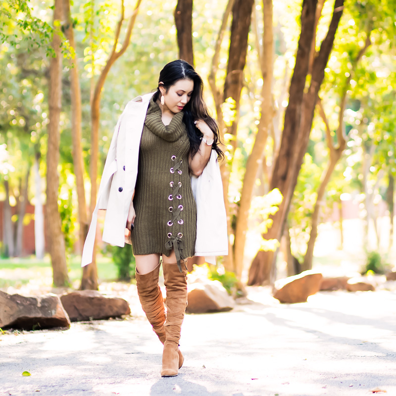 cute & little | petite fashion blog | olive green knit sweater lace-up dress, sam edelman sable over the knee boots, classic belted trench | fall outfit