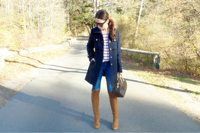 navy jacket, boots, fall outfit