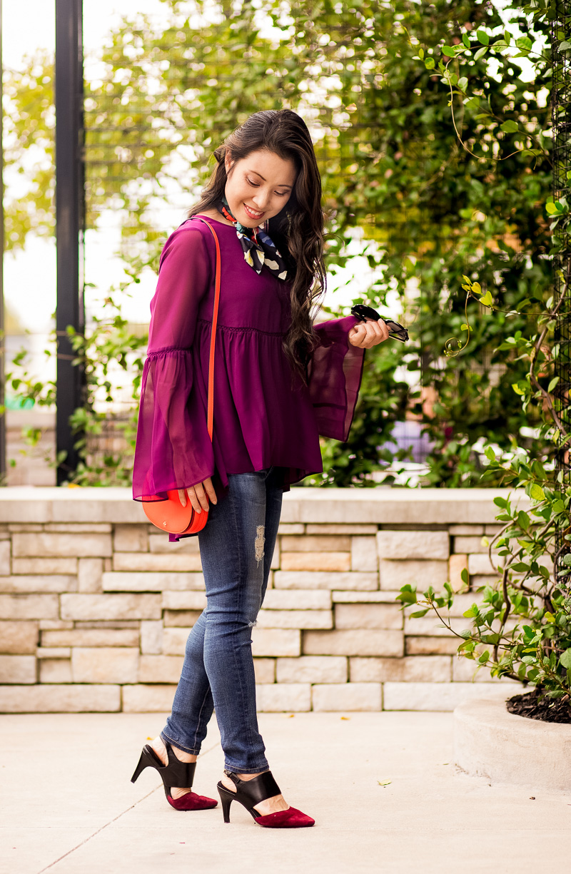 cute & little | petite fashion blog | bell sleeve top, distressed jeans, aerosoles exit lane, neckerchief | fall outfit