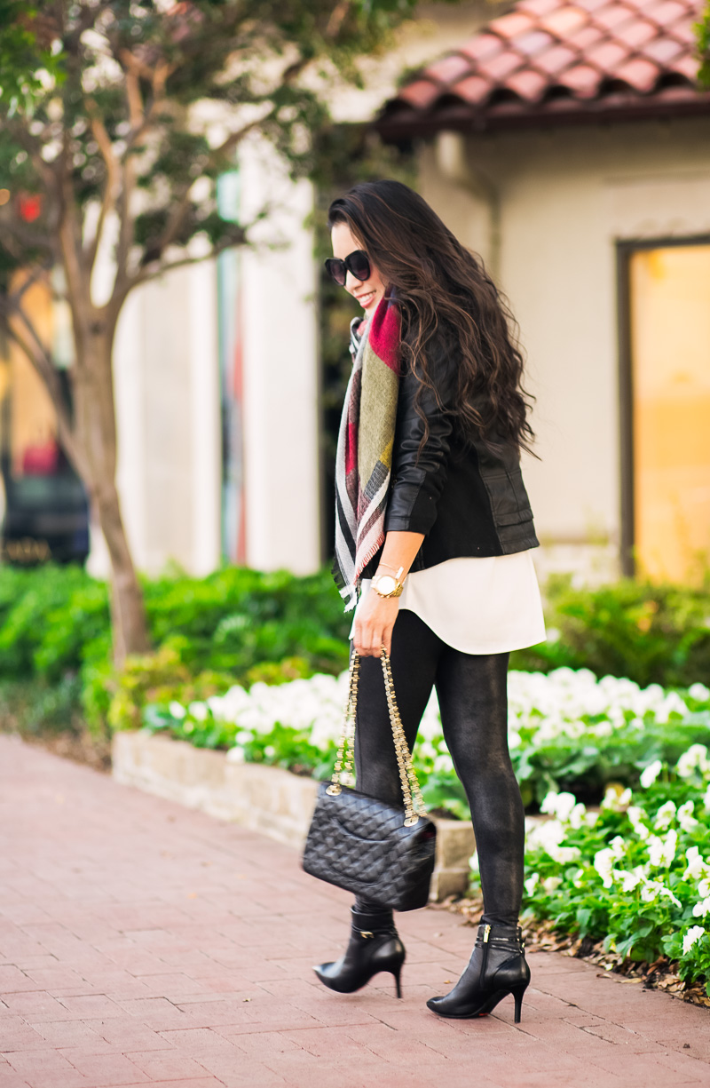 cute & little | petite fashion blog | black leather moto jacket, blanket scarf, leather leggings, rockport total motion booties | fall winter outfit