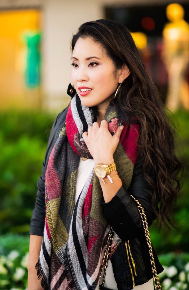 cute & little | petite fashion blog | black leather moto jacket, blanket scarf | fall winter outfit