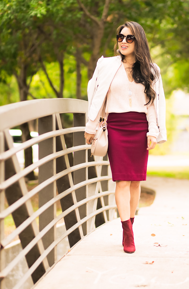 cute & little blog | pink knit sweater, burgundy no. 2 pencil skirt, aerosoles excess ankle boots | fall winter work outfit