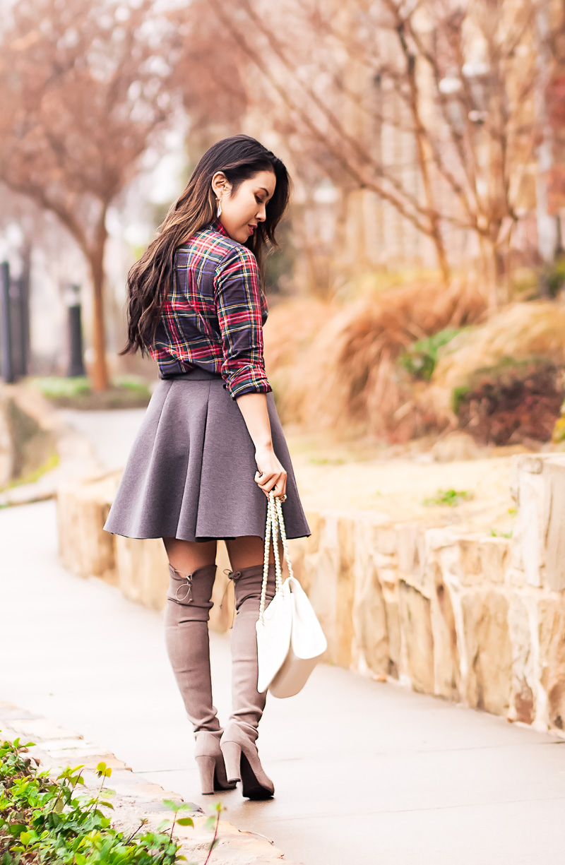 cute & little blog | petite fashion | stewart plaid shirt, gray pleated flare skater skirt, tory burch white quilted bag | fall winter outfit