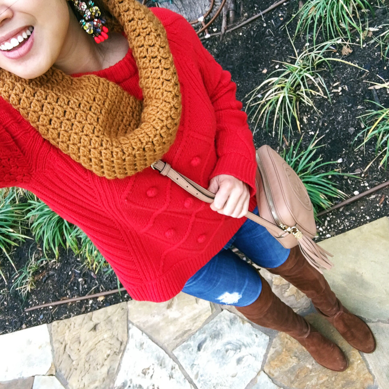 cute & little blog | petite fashion | knit loop cowl infinity scarf, pom pom sweater, stuart weitzman walnut lowland otk boots, gucci soho disco | fall winter outfit