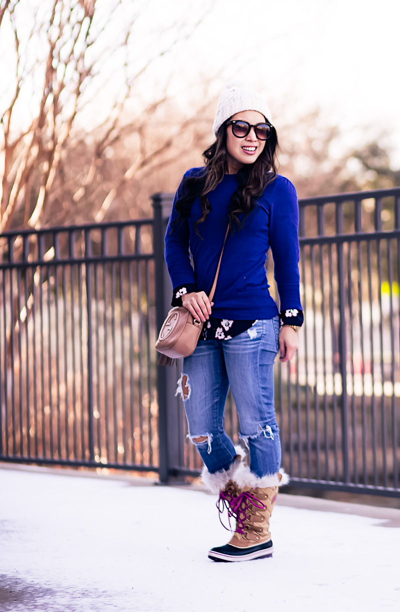 cute & little blog | petite fashion blog | cobalt floral layered sweater, distressed petite jeans, sorel tofino cate fur snow duck boots, gucci soho disco, pom pom beanie | winter snow outfit