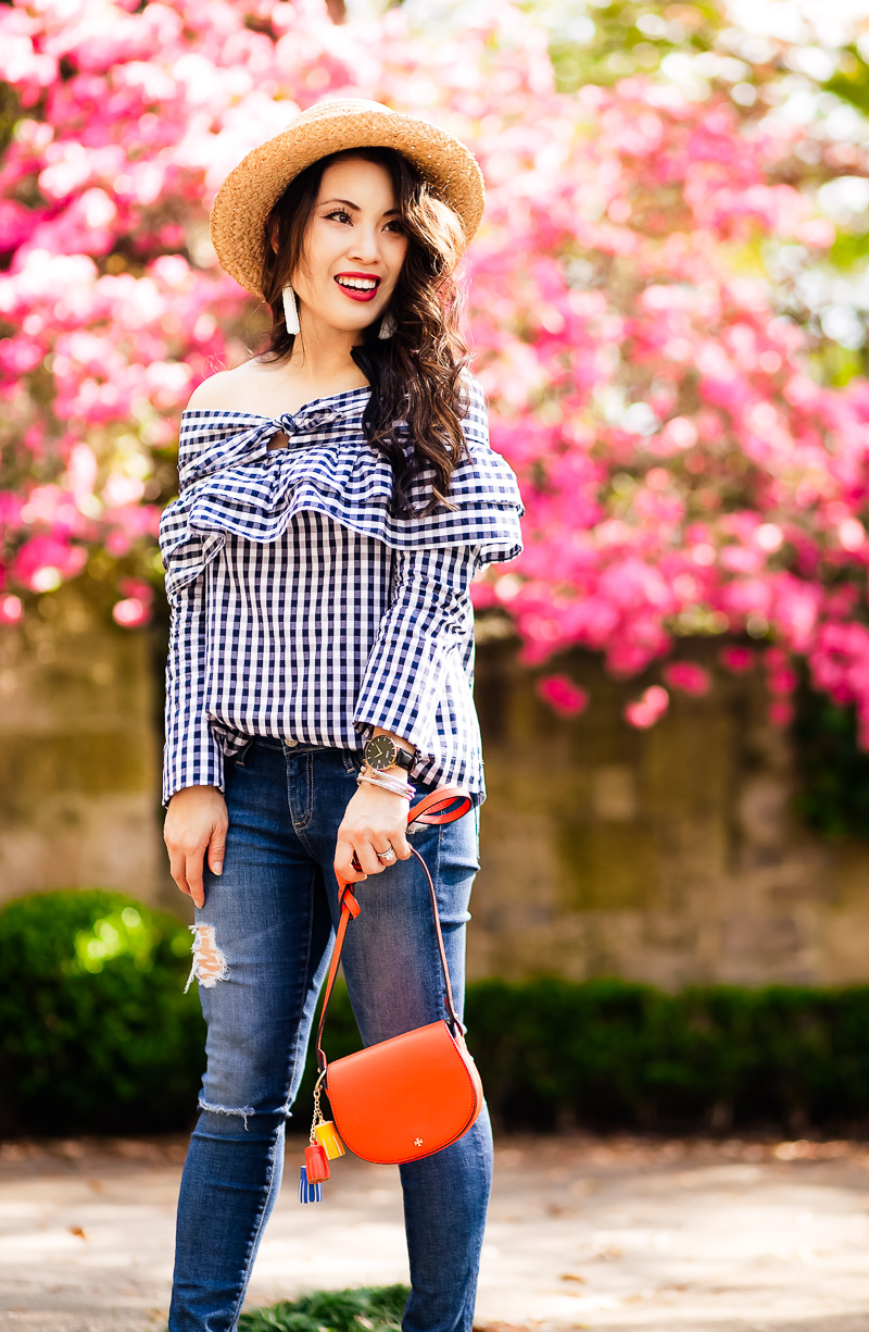 Spring Outfit Trifecta:  Gingham, Ruffles, and Off Shoulder by petite fashion blogger Kileen from cute and little