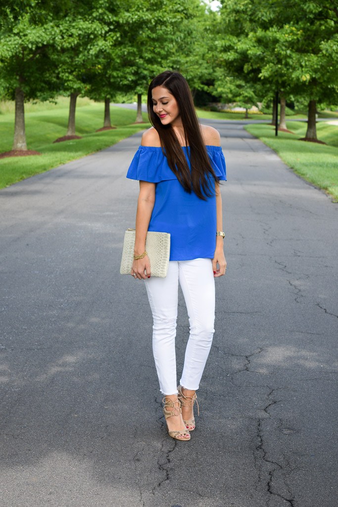 royal blue ruffle off the shoulder top