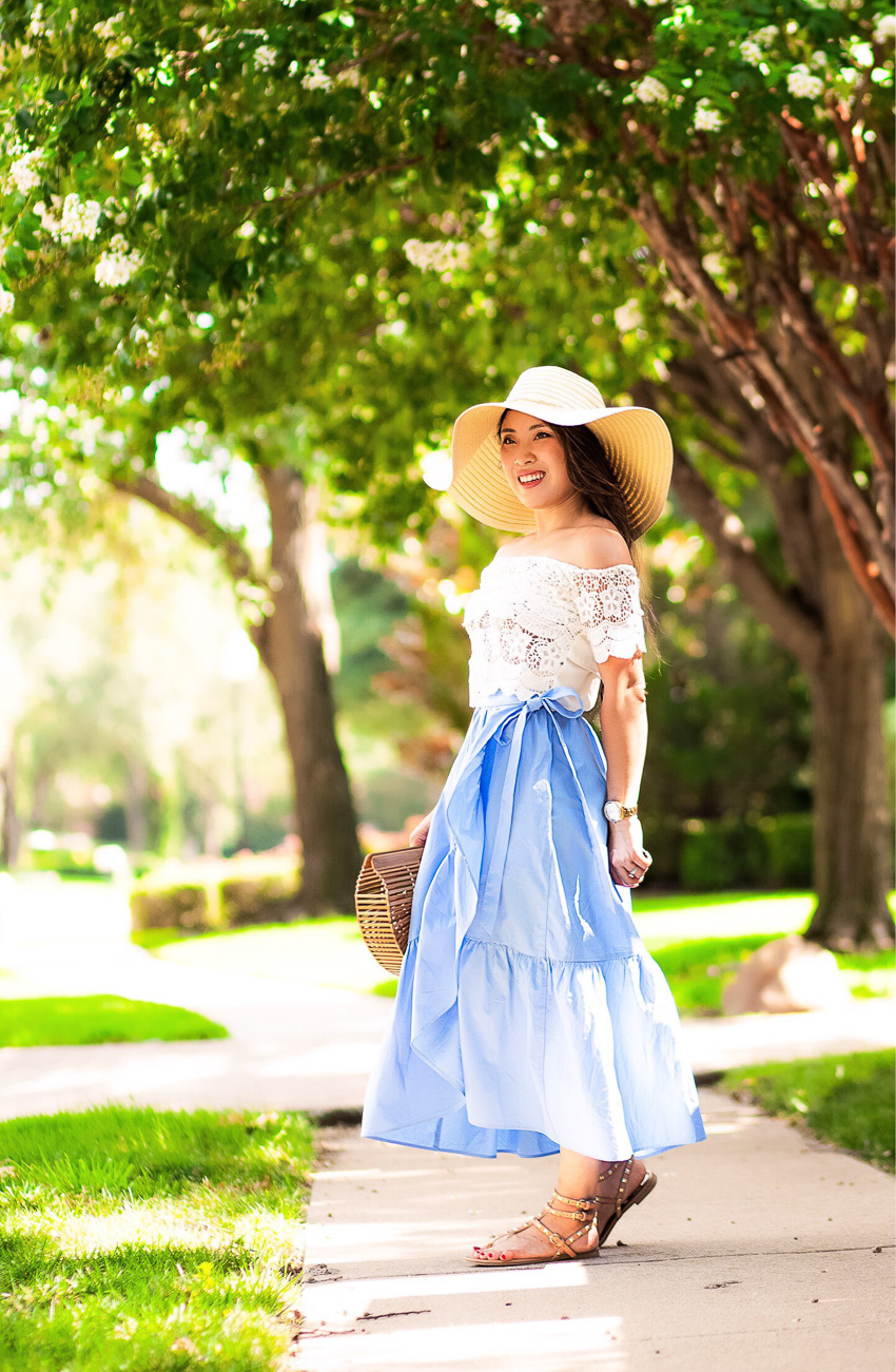 cute & little blog | petite dallas fashion blog | lace off shoulder crop top, j.crew ruffle wrap skirt, studded thong sandals, floppy sun hat | casual summer outfit