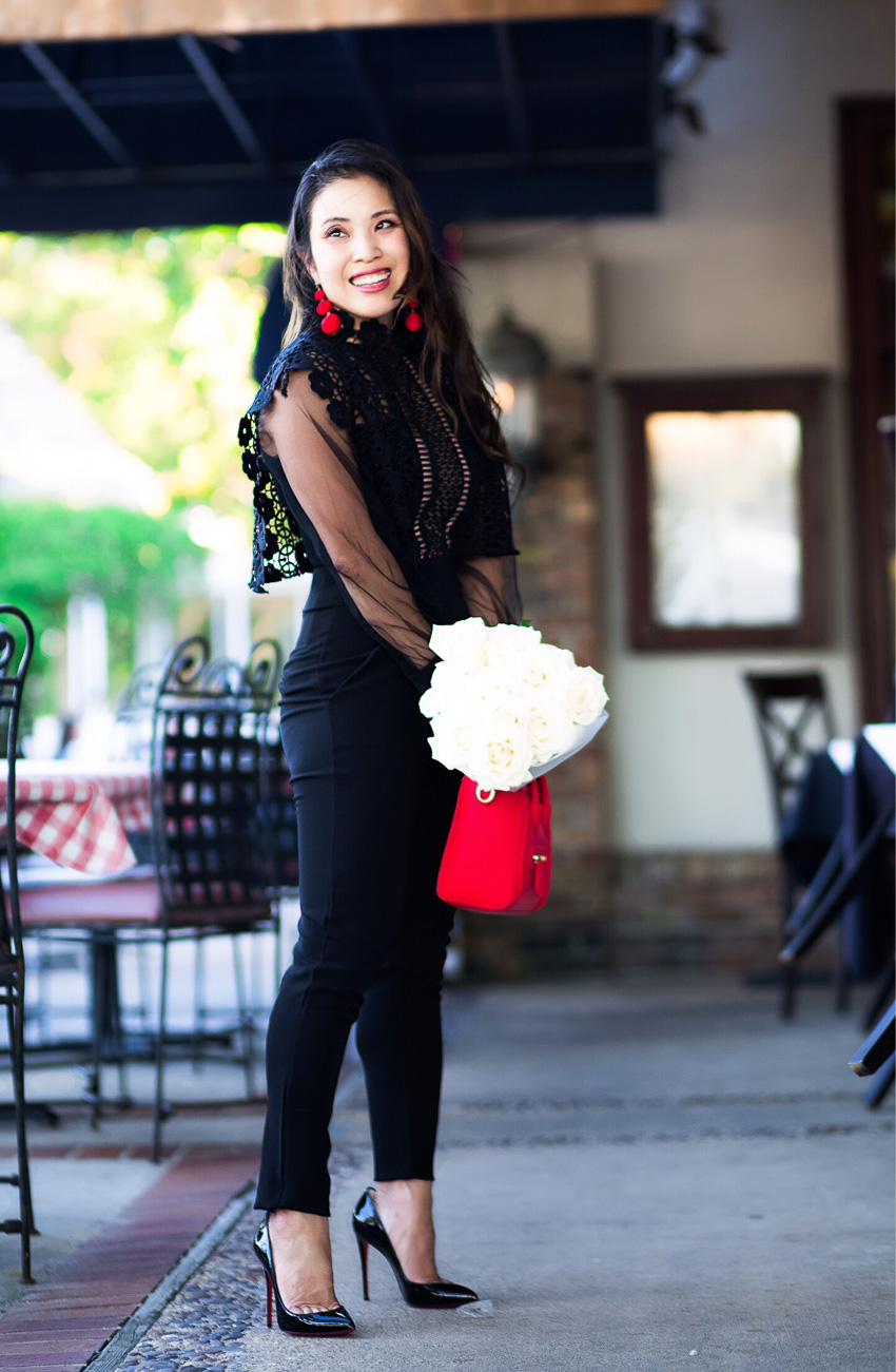 A Black Lace Jumpsuit For Date Night by Dallas fashion blogger cute and little