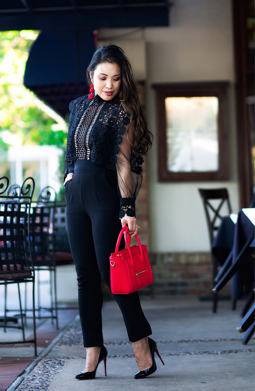 A Black Lace Jumpsuit For Date Night by Dallas fashion blogger cute and little