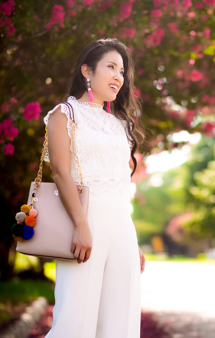 cute & little blog | dallas petite fashion | white lace crochet top, white culottes, pom pom bag | summer outfit