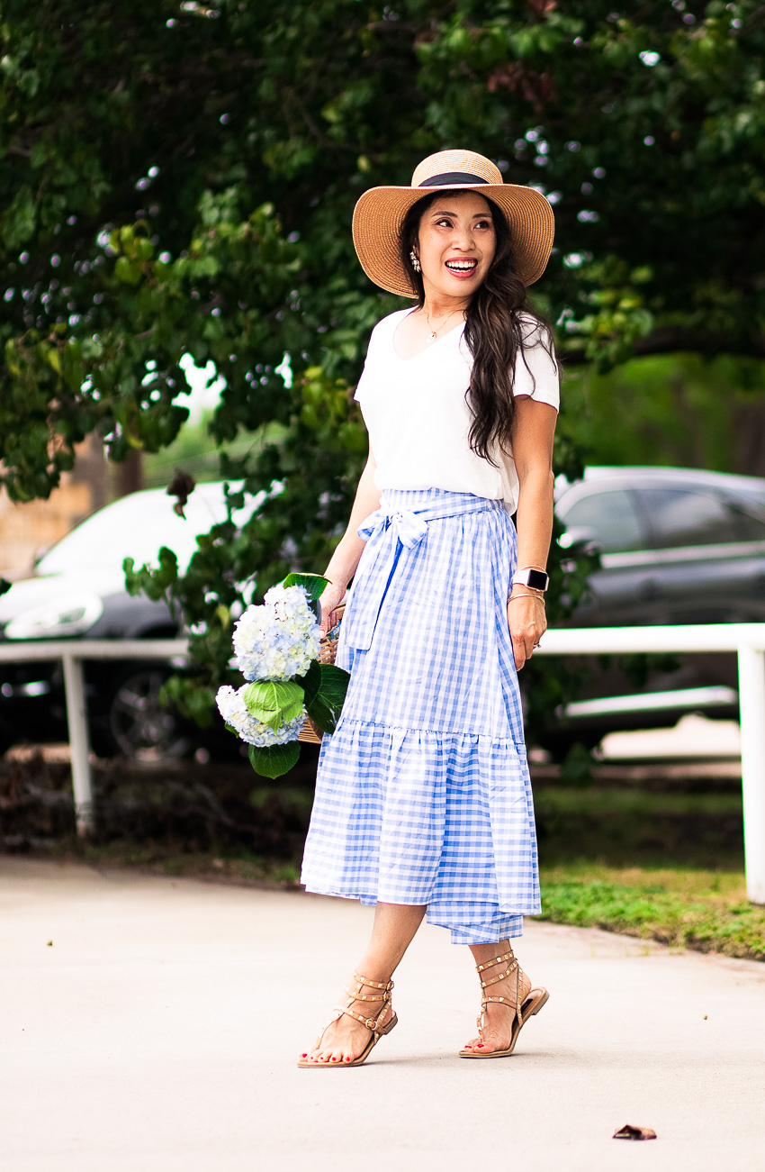 cute & little | dallas petite fashion blog | white v-neck tee, gingham ruffle skirt, boater hat, studded sandals | casual summer outfit