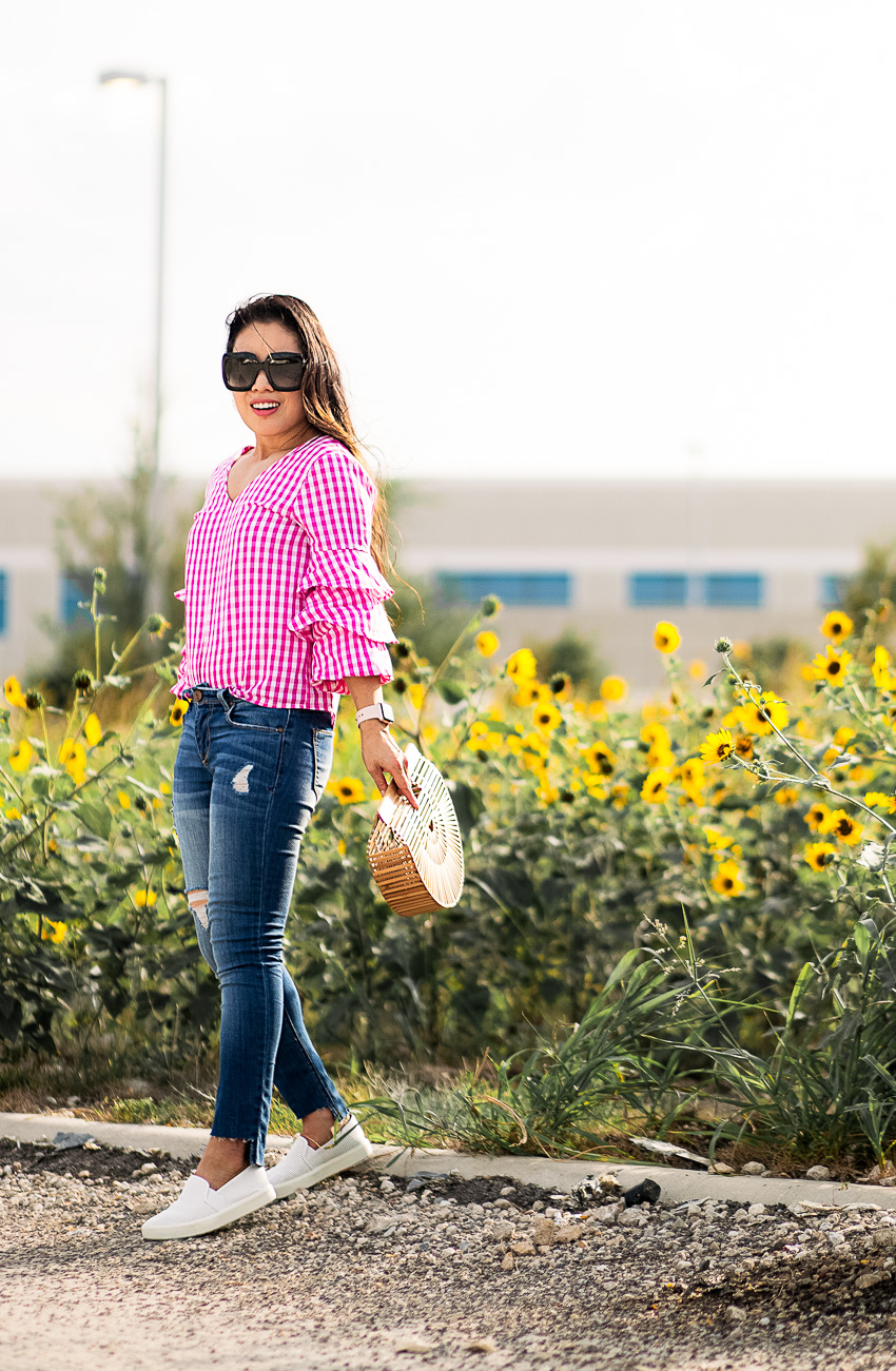 cute & little blog | petite dallas fashion blogger | gingham ruffle sleeve top, step hem jeans, white vince sneakers, bamboo ark bag | summer outfit | sunflowers - Classic Summer Outfit in Gingham and Sneakers by Dallas petite fashion blogger cute and little 