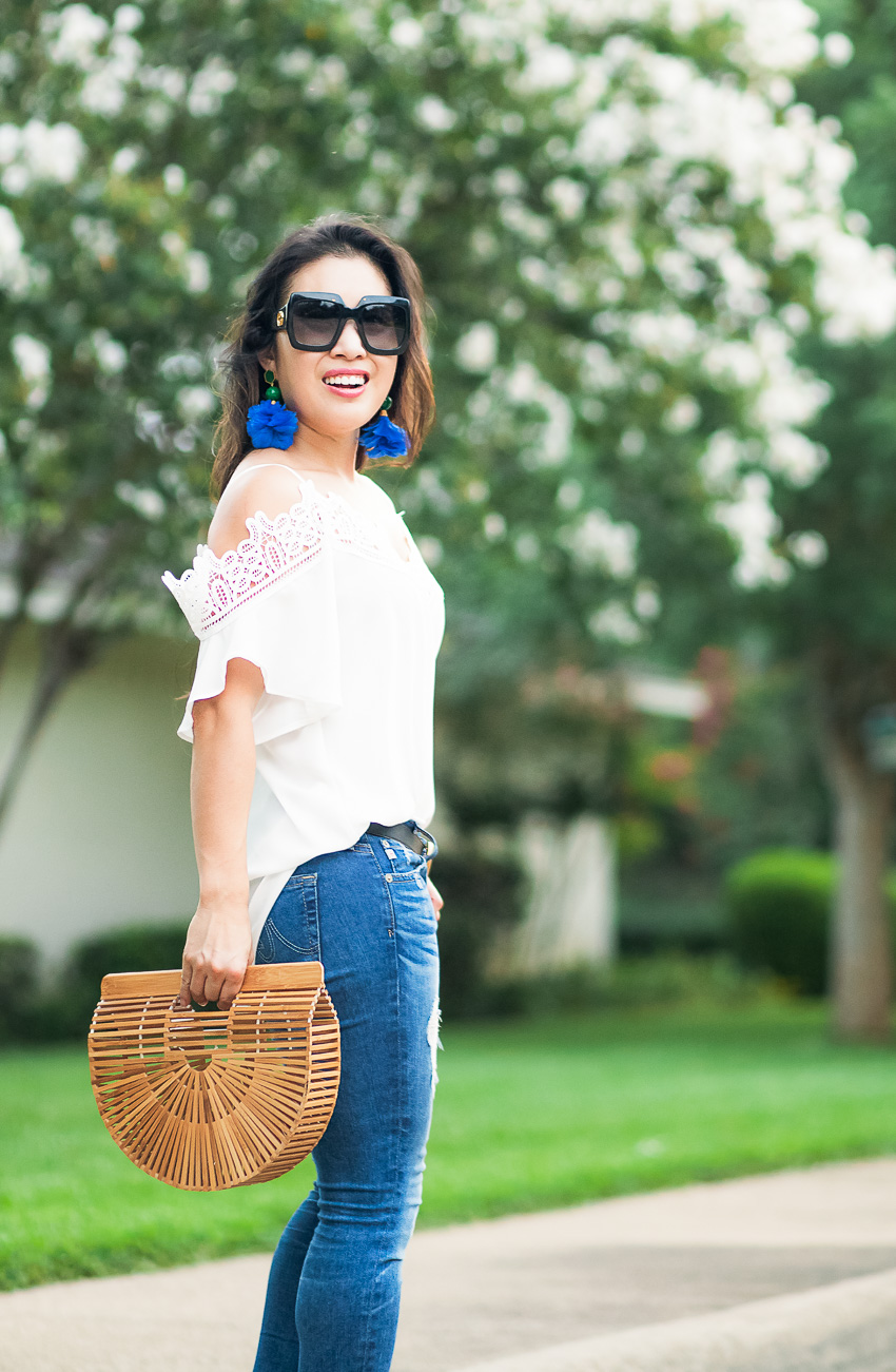 cute & little blog | crochet open-shoulder top, tory burch feather drop earrings | summer outfit - Finding Forever 21 Promo Codes by Dallas fashion blogger cute and little