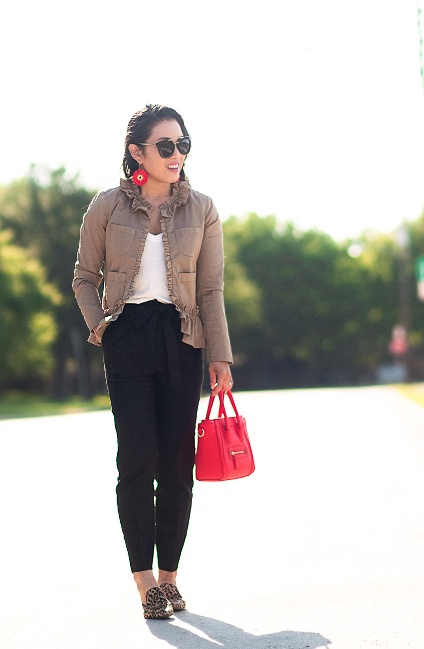 cute & little blog | j.crew ruffle chino blazer, express high-waisted linen pants, leopard print mules sliders, red celine mini - Comfy & Chic Work Outfit // Ann Taylor 50% Off Sale! by petite Dallas fashion blogger cute and little