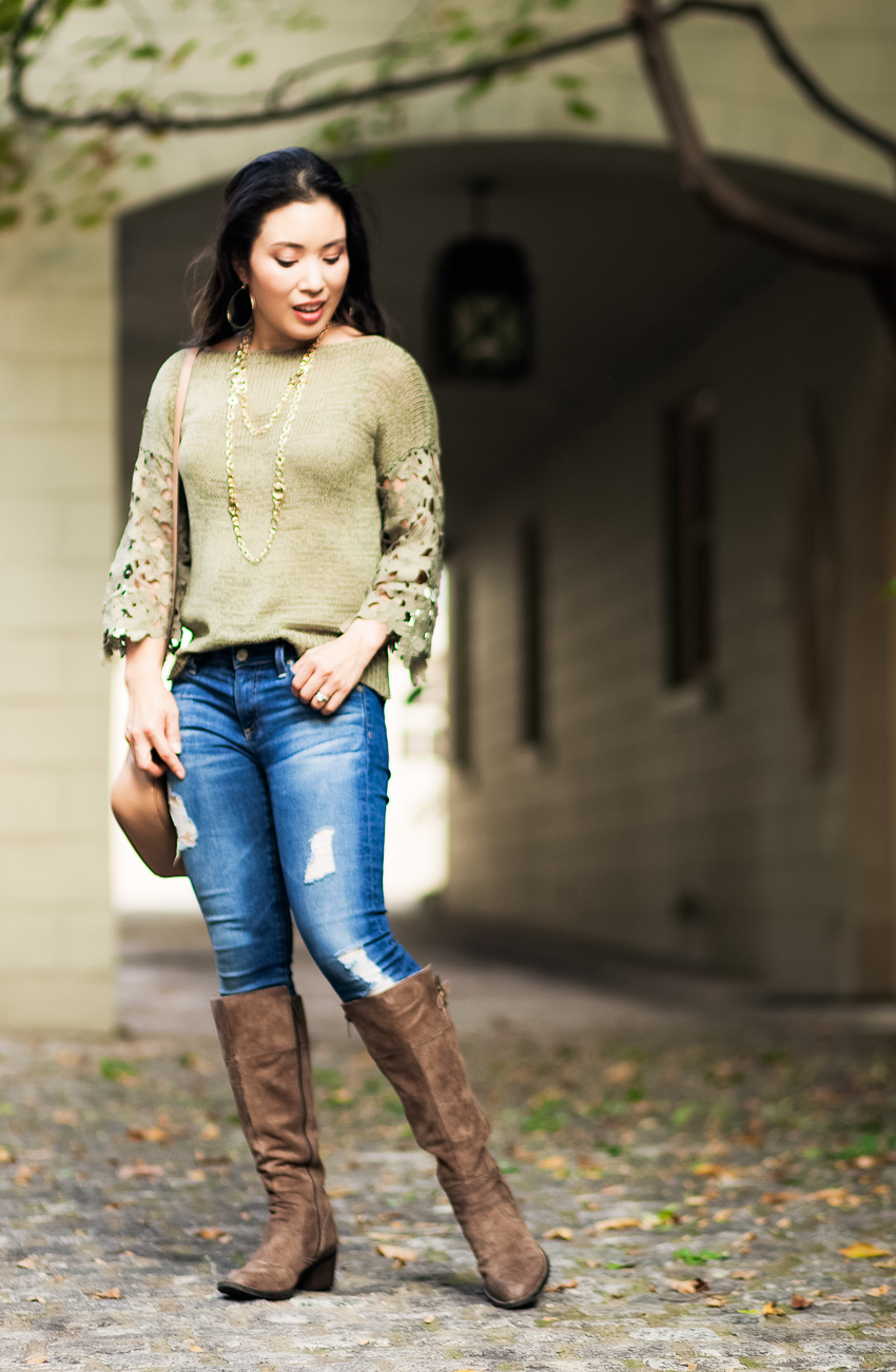 cute & little blog | olive lace crochet knit sweater, layered long necklace, born fannar boots, gucci soho | fall outfit - Petite-Friendly Tall Boots with Born Shoes by Dallas petite fashion blogger cute & little