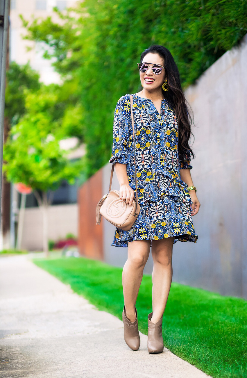 cute & little | dallas petite fashion blog | loft autumn dream drop waist dress, taupe ankle booties, gucci soho bag | fall transition outfit - 5 Tips For Styling Drop Waist Dresses by Dallas fashion blogger cute and little