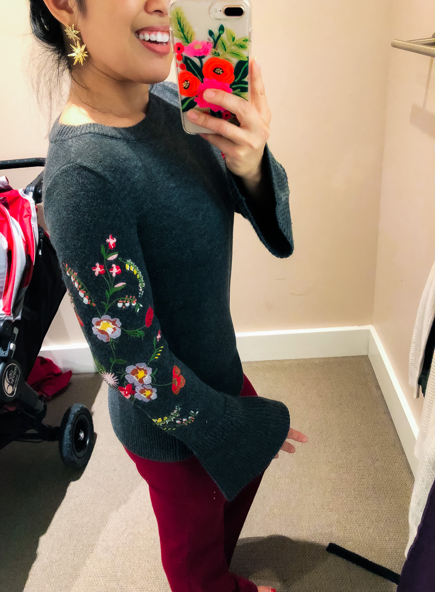 cute & little | dallas petite fashion blog | loft dressing room review | loft floral embroidered bell sleeve sweater, loft marisa trousers rustic red - LOFT Sale - 50% Off: Dressing Room Review by Dallas fashion blogger cute & little